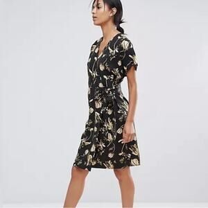 Just Female Elay Warp Dress Black Yellow Floral Print Mini Size Medium